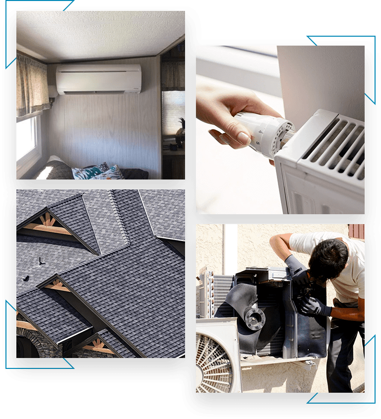 Collage featuring an air conditioning unit, person's hand adjusting a thermostat, overhead view of a roof, and a person servicing an outdoor HVAC unit.