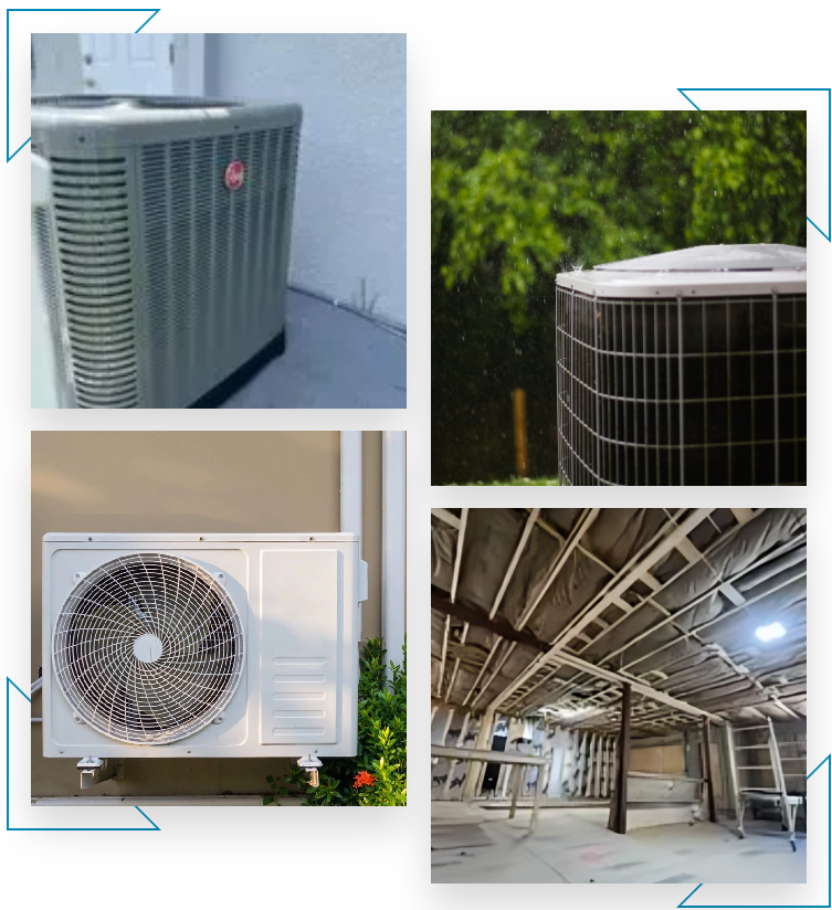 Collage of four images showing different types of HVAC units: an outdoor unit, another outdoor unit surrounded by greenery, an outdoor wall-mounted unit, and an unfinished basement ceiling with ductwork.