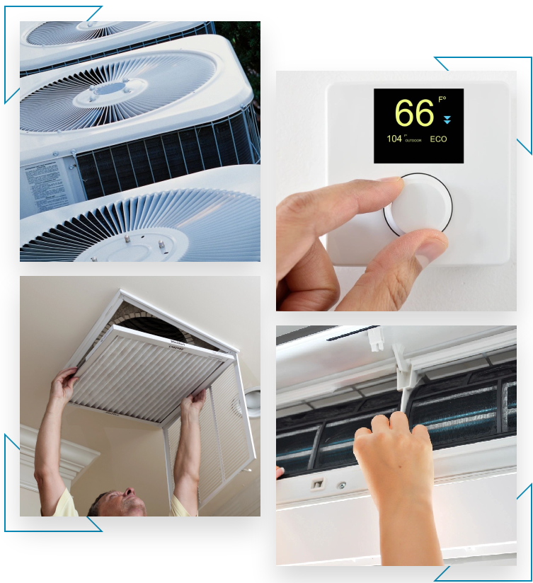 A collage of four images showing HVAC system maintenance: an outdoor AC unit, a hand adjusting a thermostat to 66°F, a person installing an air filter, and a person examining an air vent.